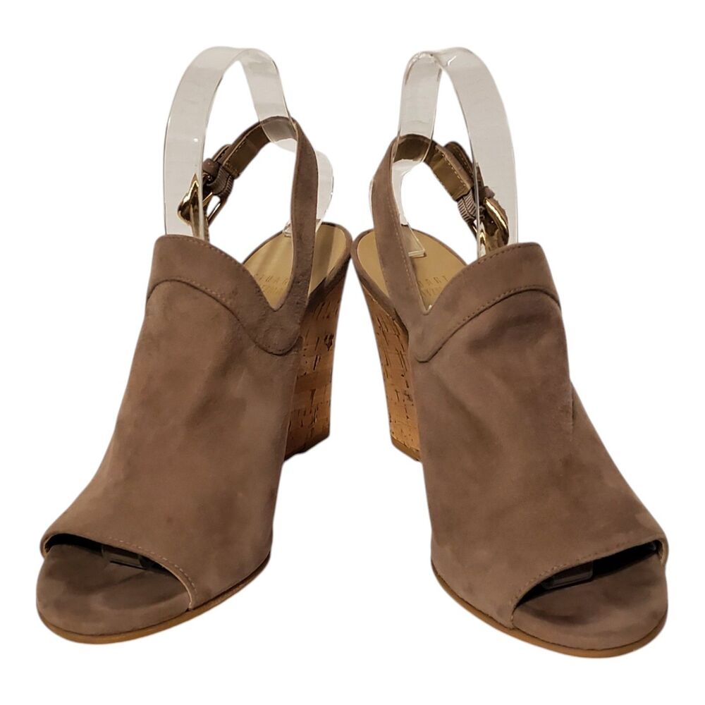 Stuart Weitzman Taupe Suede Slingback Cork Wedge Peep Toe Sandals Women's Sz 7.5